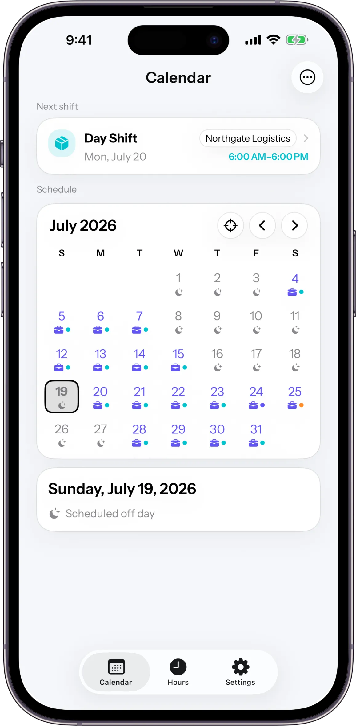 ShiftPattern calendar showing a July work schedule