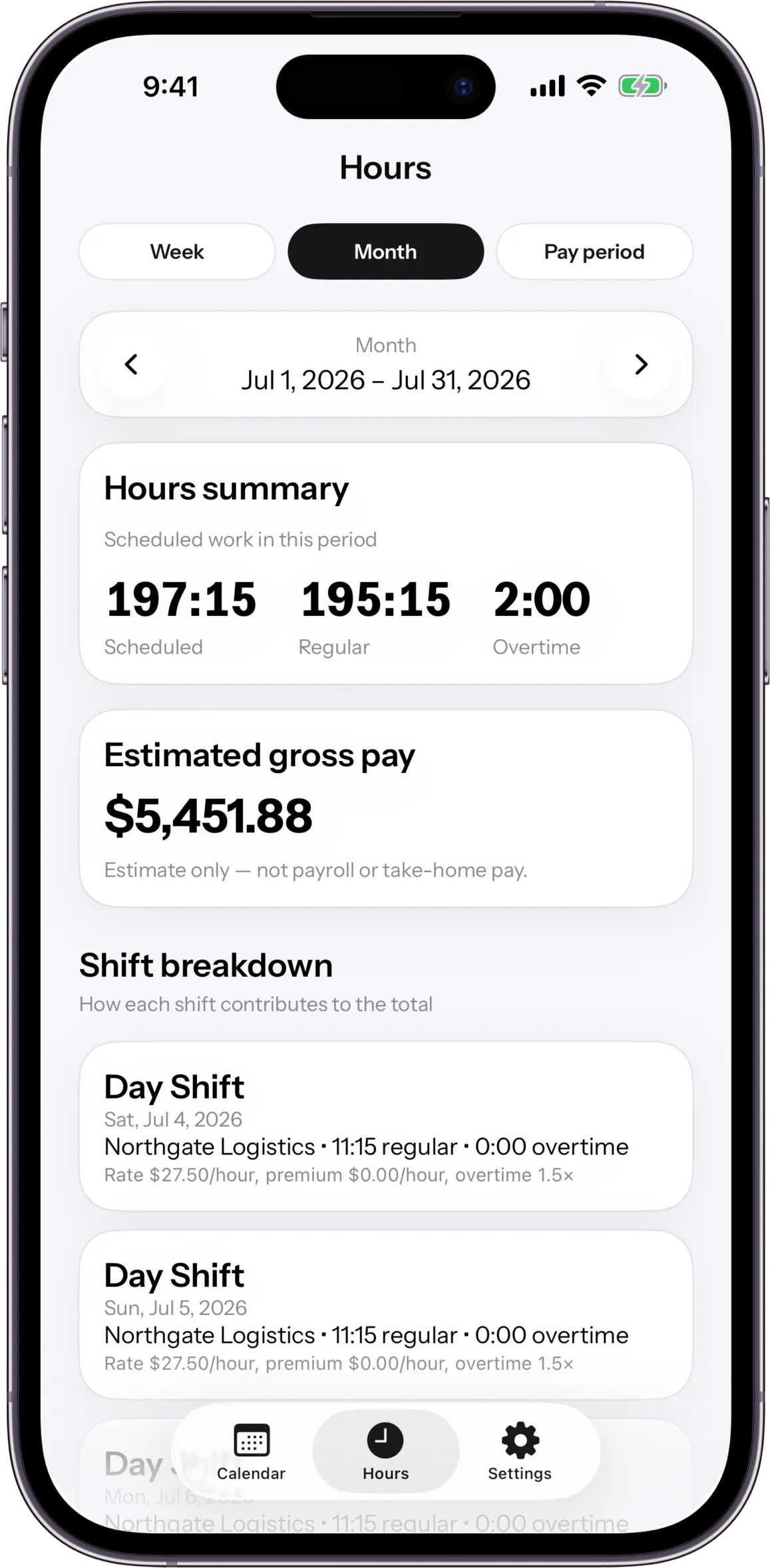 ShiftPattern hours and pay summary screen