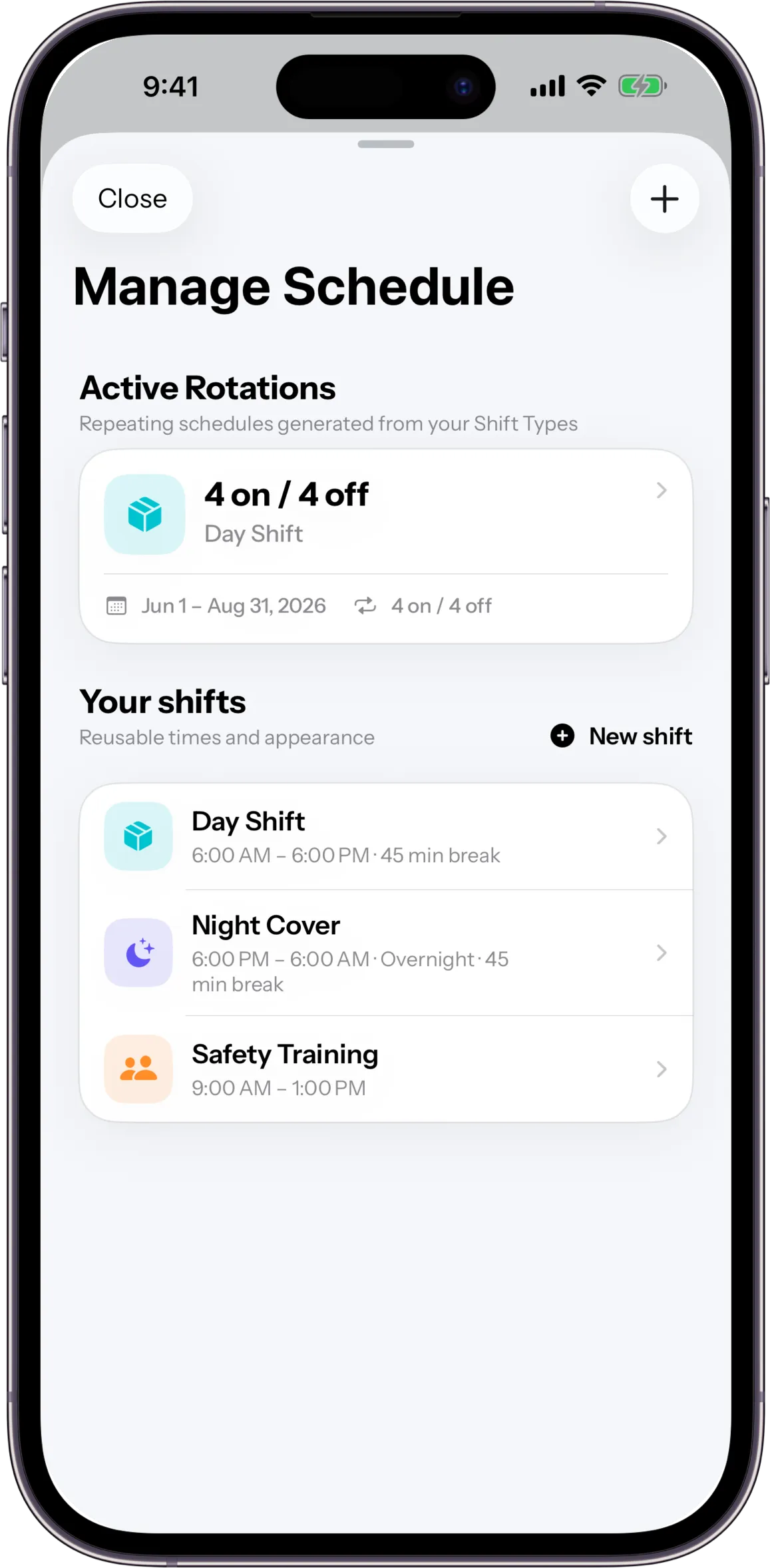 ShiftPattern rotation setup screen