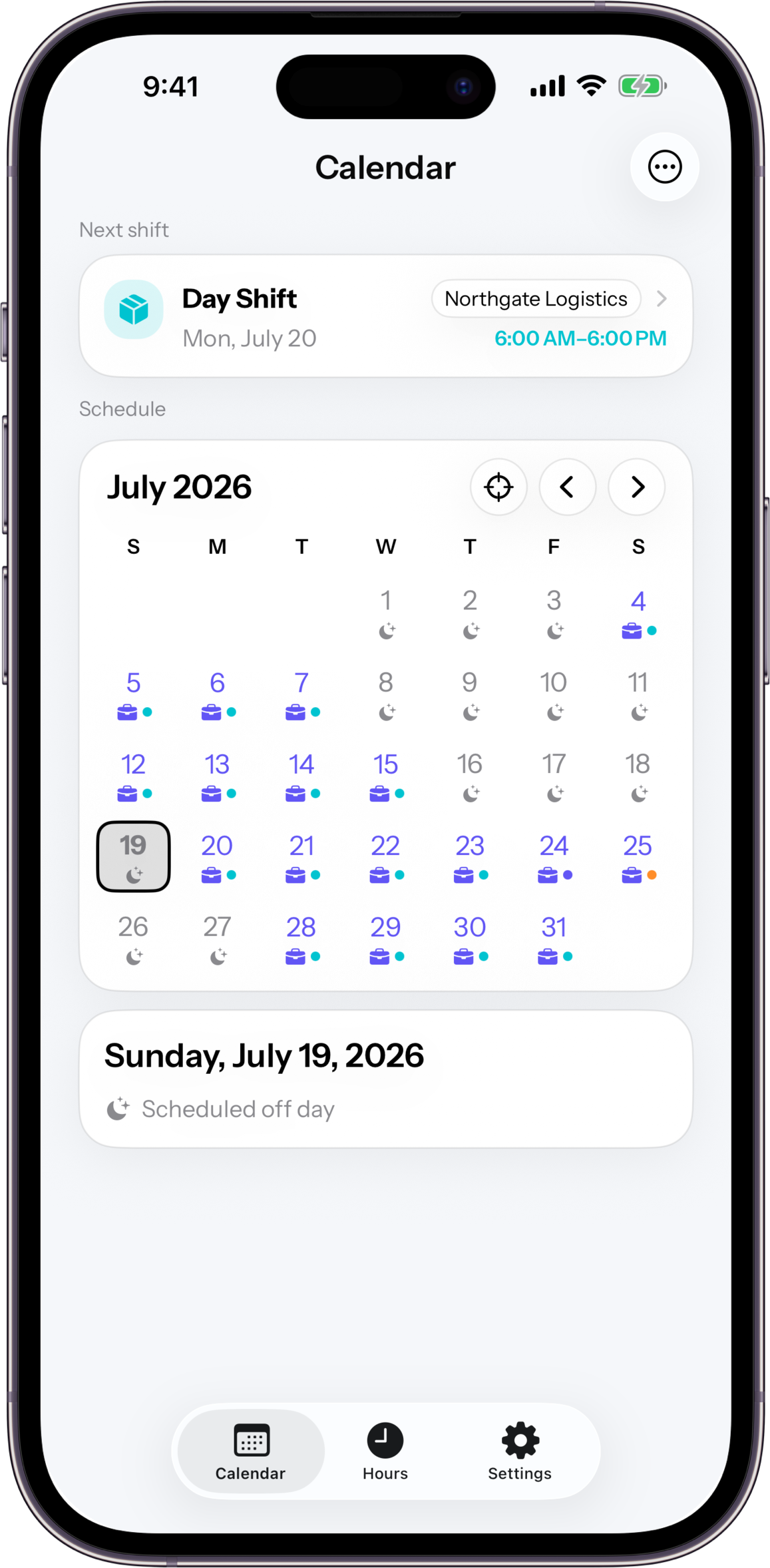 ShiftPattern calendar showing a July work schedule