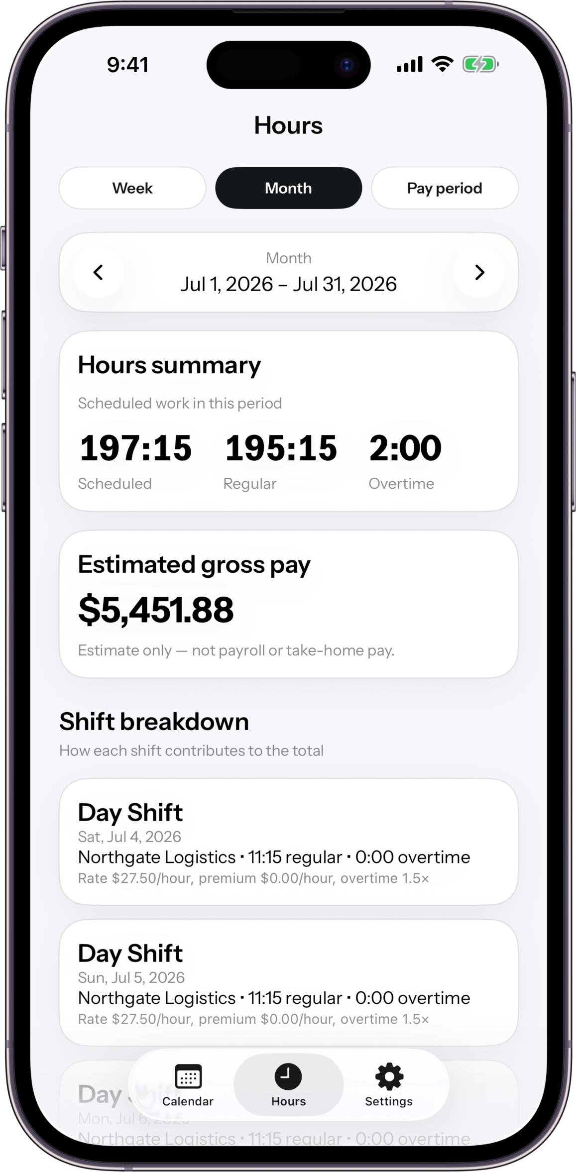 ShiftPattern hours and pay summary screen