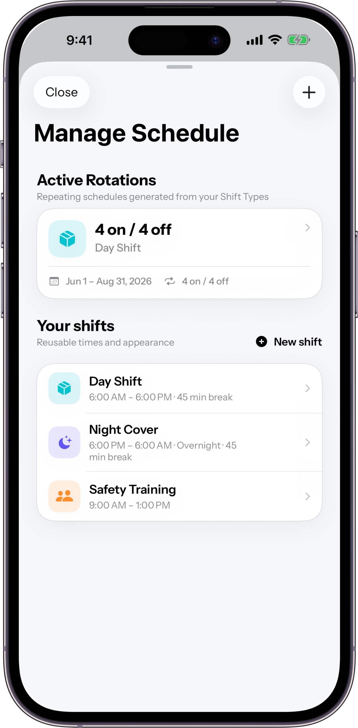 ShiftPattern rotation setup screen